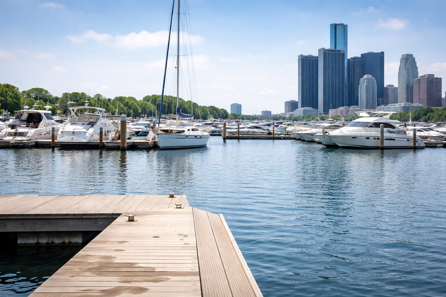Marine surveyor Detroit Michigan marina with boats on the Detroit River and downtown skyline