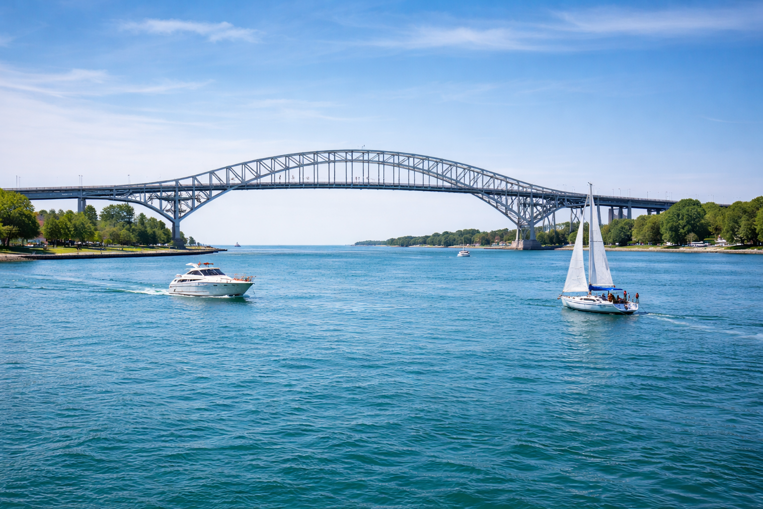 Marine surveyor Port Huron Michigan near Blue Water Bridge with boats on the St Clair River