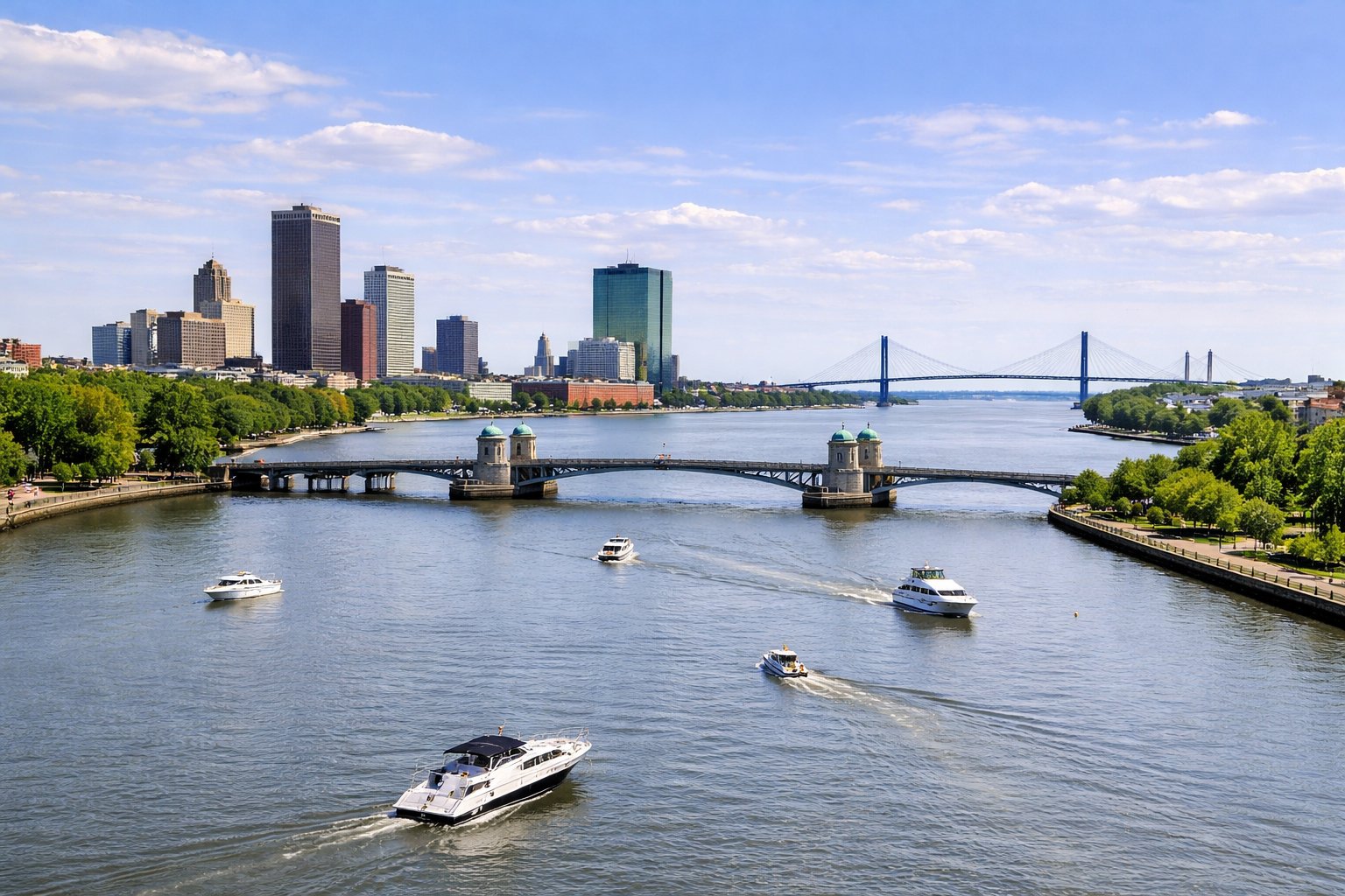 Marine surveyor Toledo Ohio on the Maumee River with bridges and boats near downtown Toledo